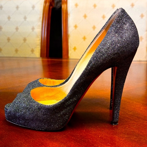 Beautiful Slate Grey Glitter Christian Louboutin Lady Peep Heels EU 38.5 EUC - Picture 3 of 10